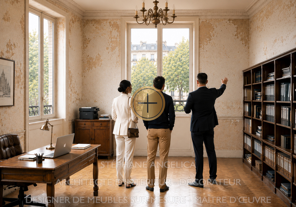 Architecte d'intérieur présentant un projet d'agencement de meubles et rangements sur mesure à ses clients à Paris