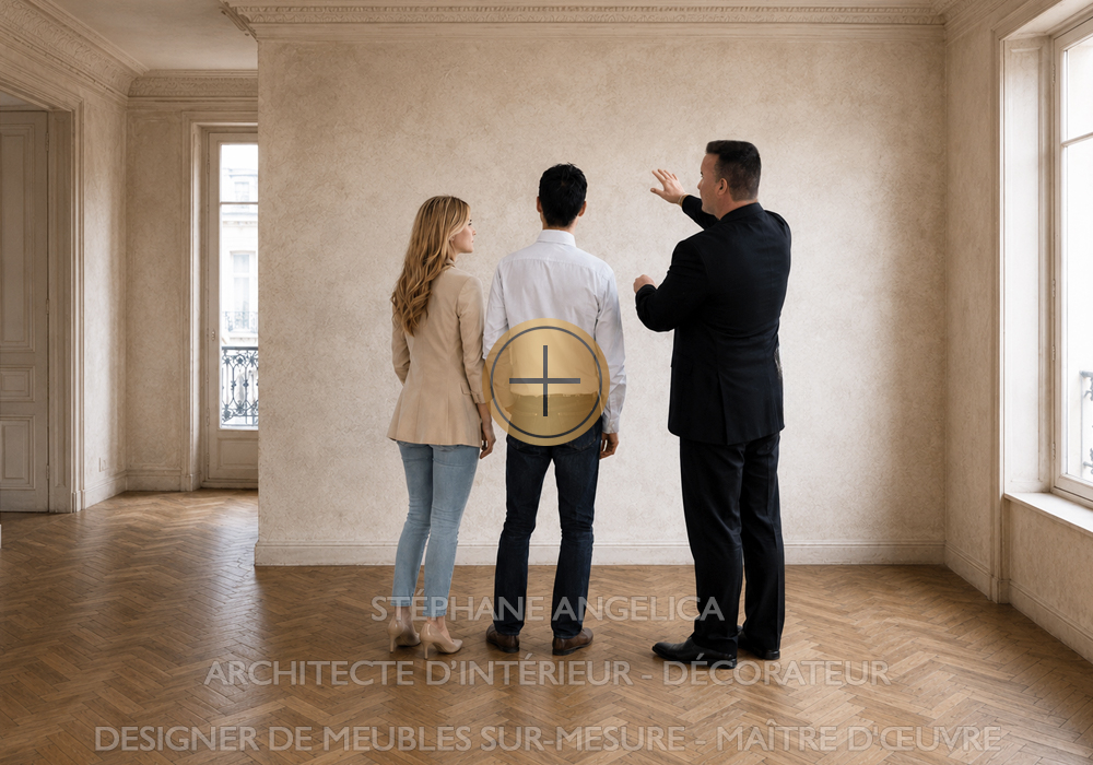 Architecte d'intérieur accompagnant des clients dans un projet de rénovation d'appartement à Paris et en Île-de-France