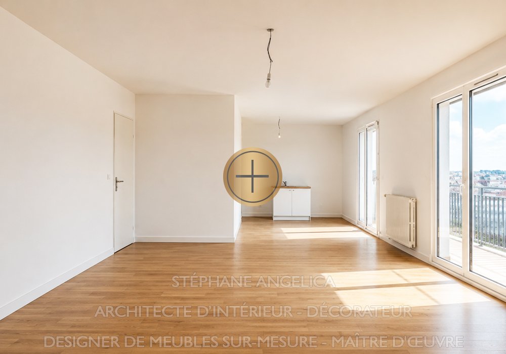 Salon et cuisine vide d'un appartement neuf acheté en VEFA à Paris avant aménagement par un architecte d'intérieur